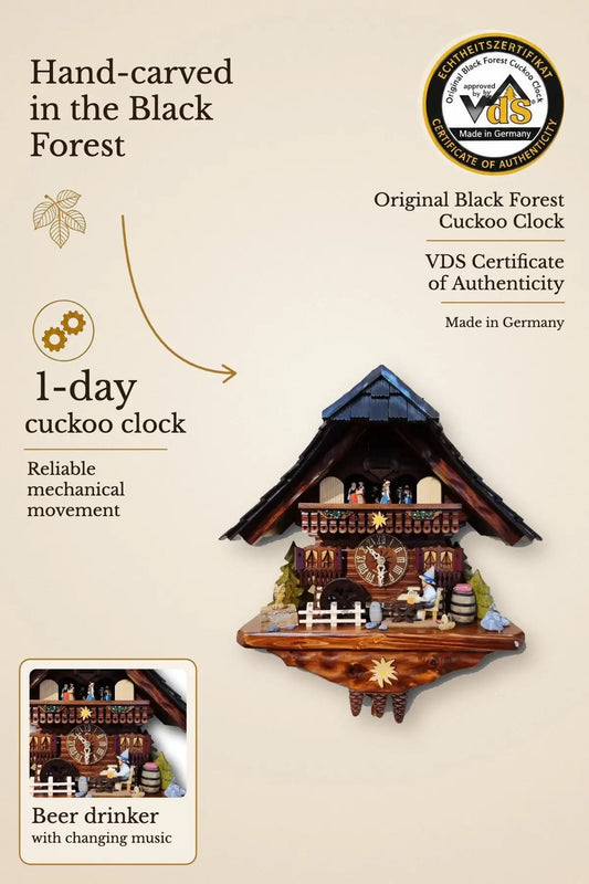 Beerdrinker cuckoo clock with music and grey roof, 1 day – hand-carved, VDS certified | Montag Steins & Clocks
