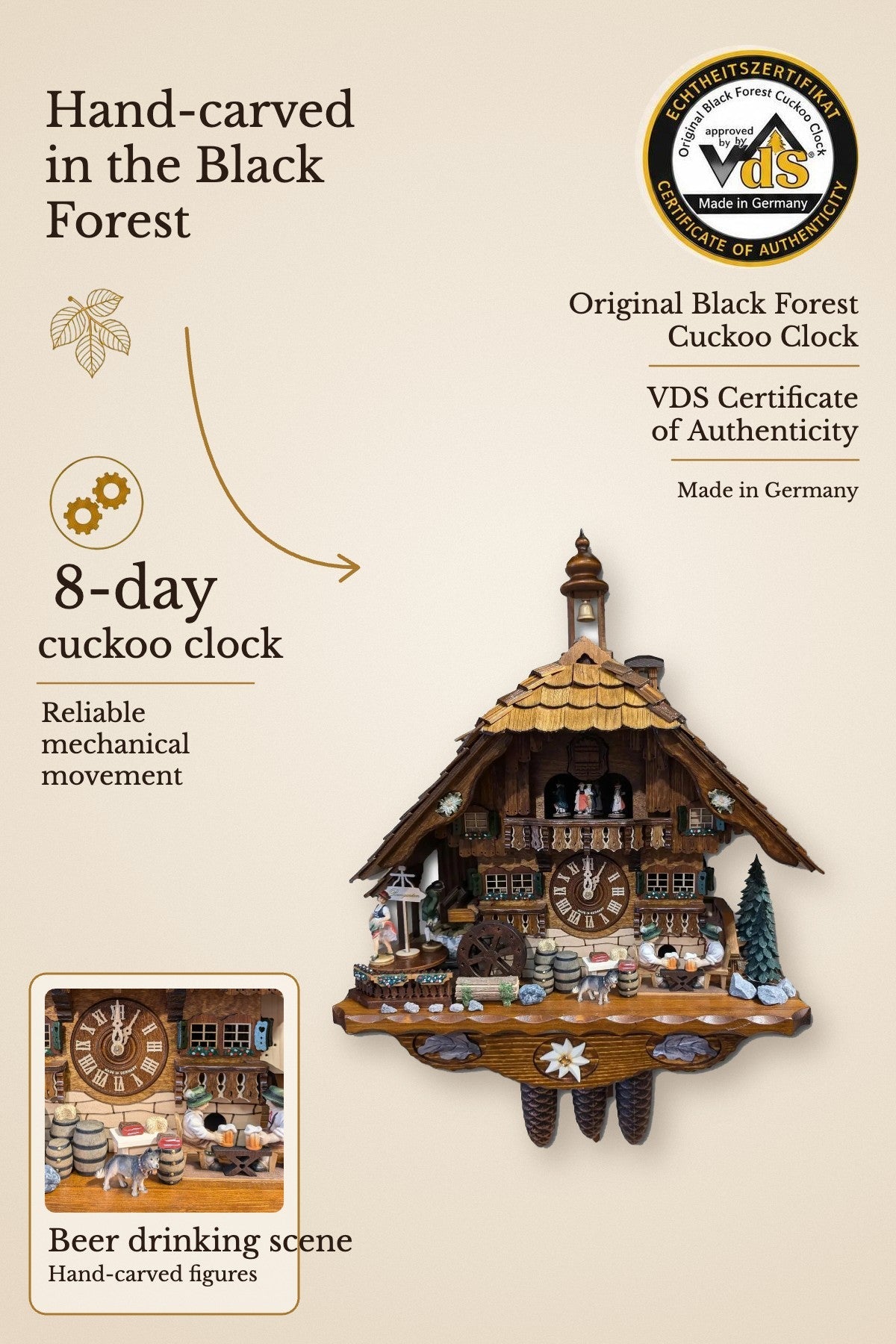 Beerdrinking scene 8 day cuckoo clock with music – VDS certified | Montag Steins & Clocks