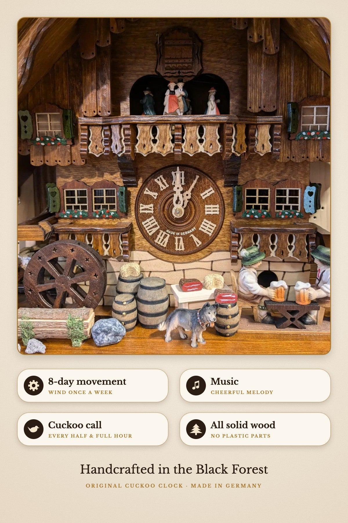 Beerdrinking scene – 8-day movement, music, all solid wood | Montag Steins & Clocks