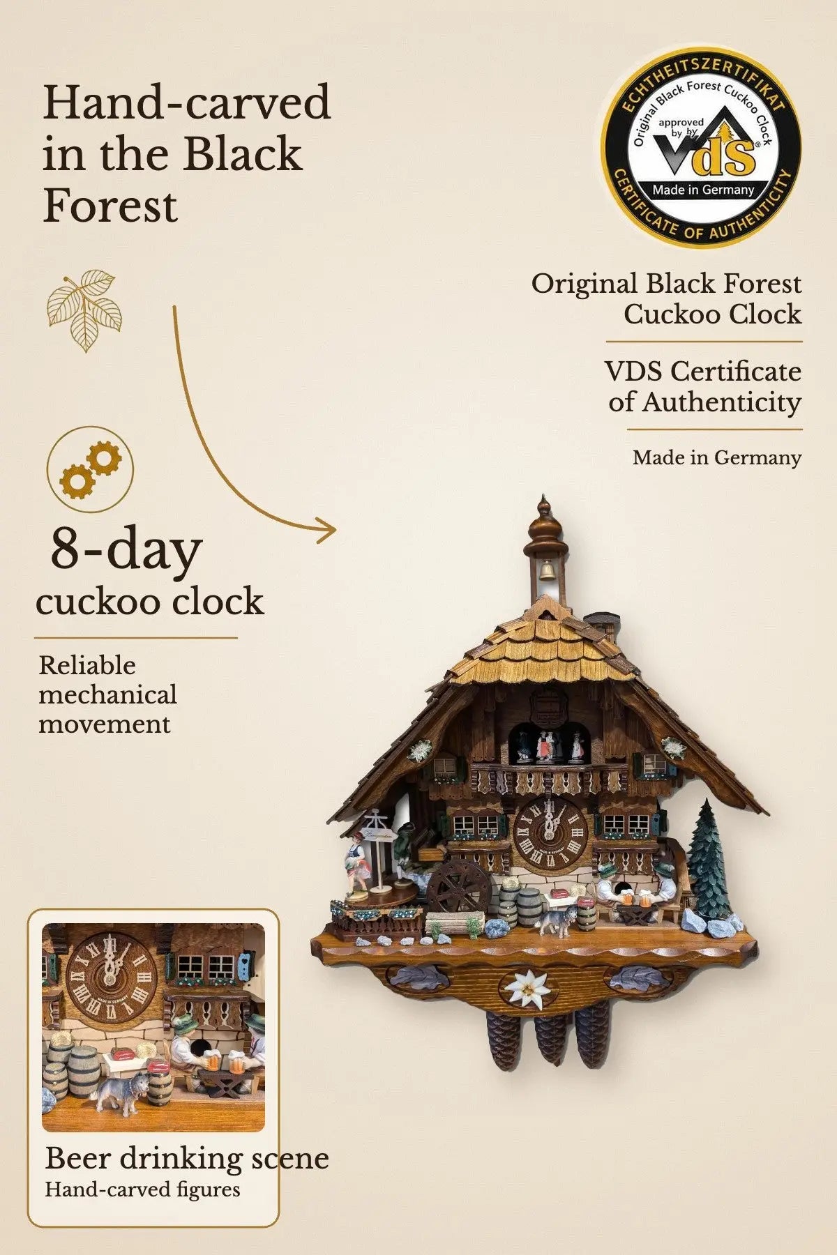 Beerdrinking scene 8 day cuckoo clock with music – VDS certified | Montag Steins & Clocks