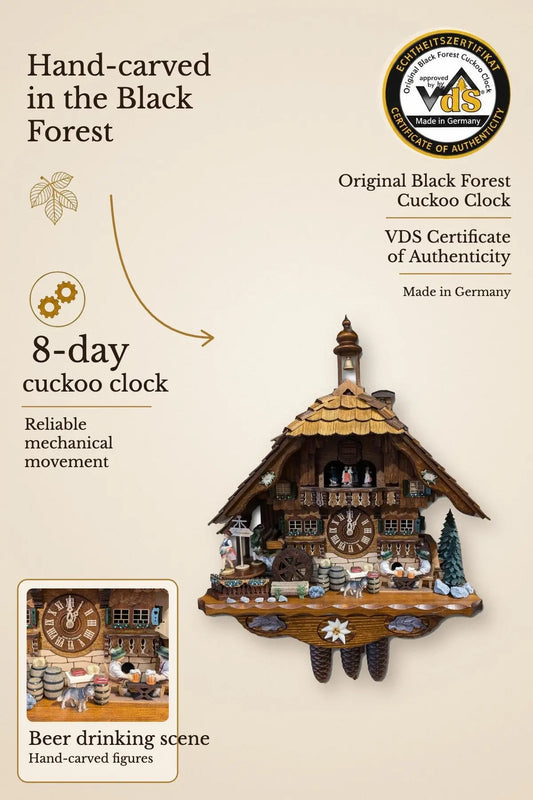 Beerdrinking scene 8 day cuckoo clock with music – VDS certified | Montag Steins & Clocks