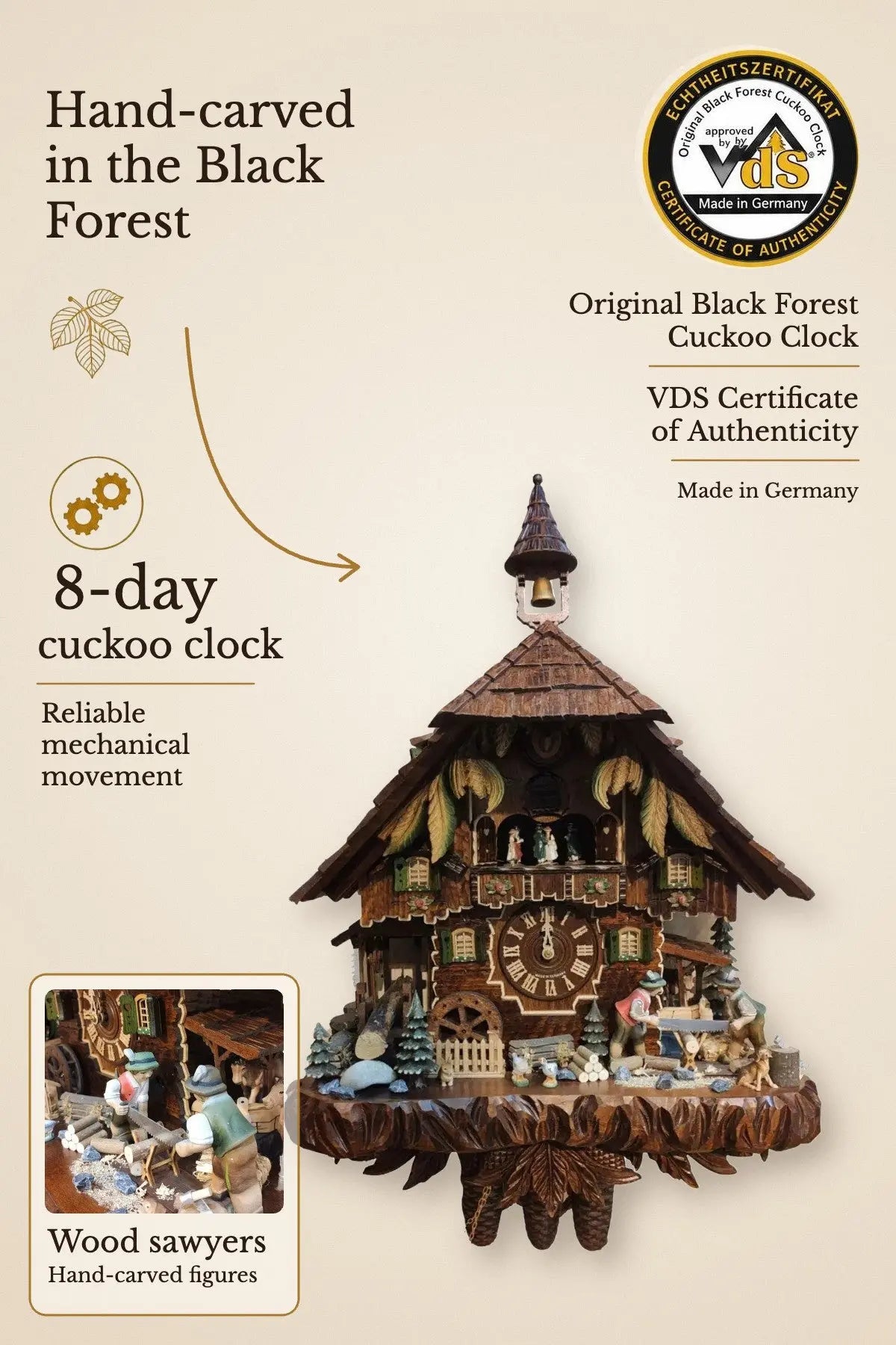 Black Forest 8 day cuckoo clock wooden sawyer with dancers and music – VDS certified | Montag Steins & Clocks