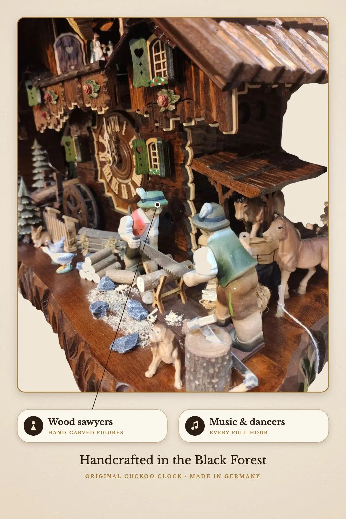 Hand-carved wood sawyer figures | Montag Steins & Clocks