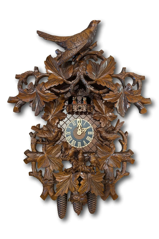 Black Forest Carved Cuckoo Clock – 8 Day Movement – Music & Dancers – 7 Leaves Hoenes