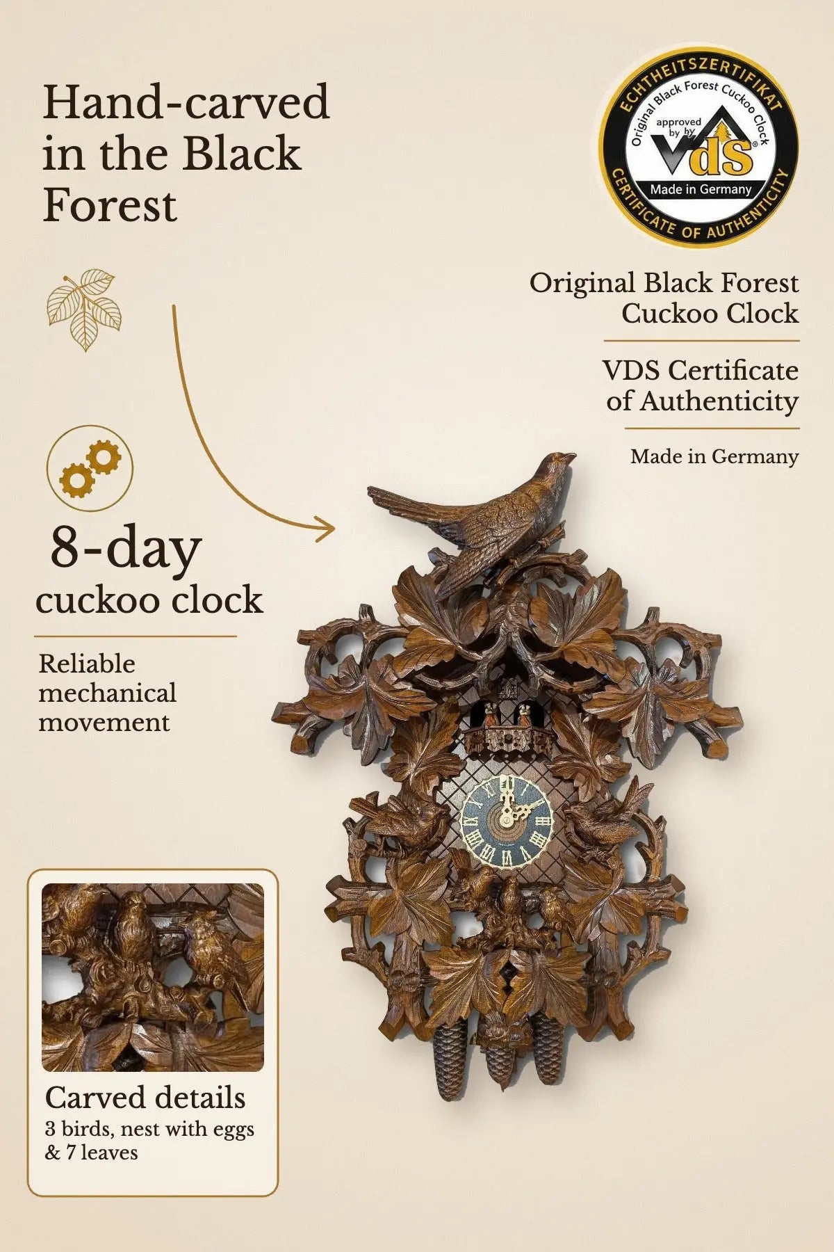 Hand-carved Black Forest cuckoo clock with 7 leaves, birds and nest – 8-day movement, music & dancers, VDS certified | Montag Steins & Clocks