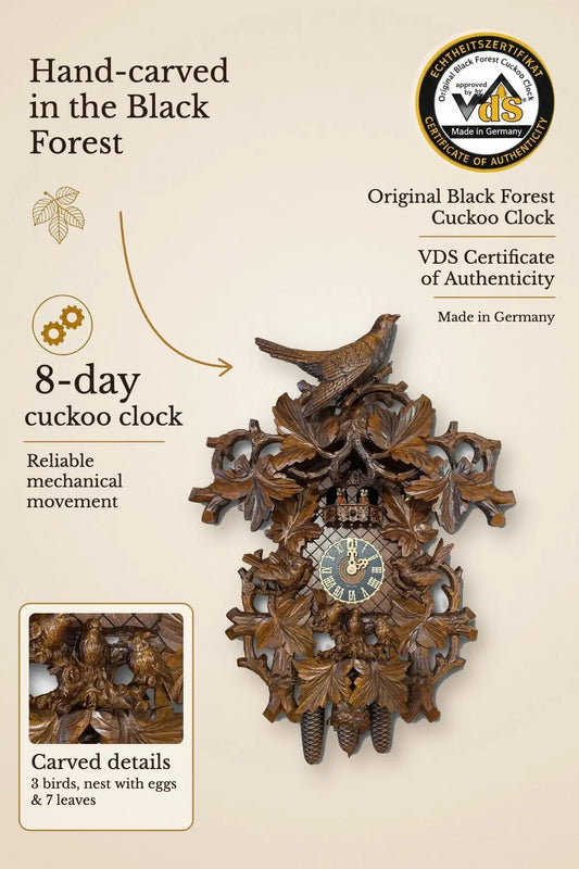 Hand-carved Black Forest cuckoo clock with 7 leaves, birds and nest – 8-day movement, music & dancers, VDS certified | Montag Steins & Clocks