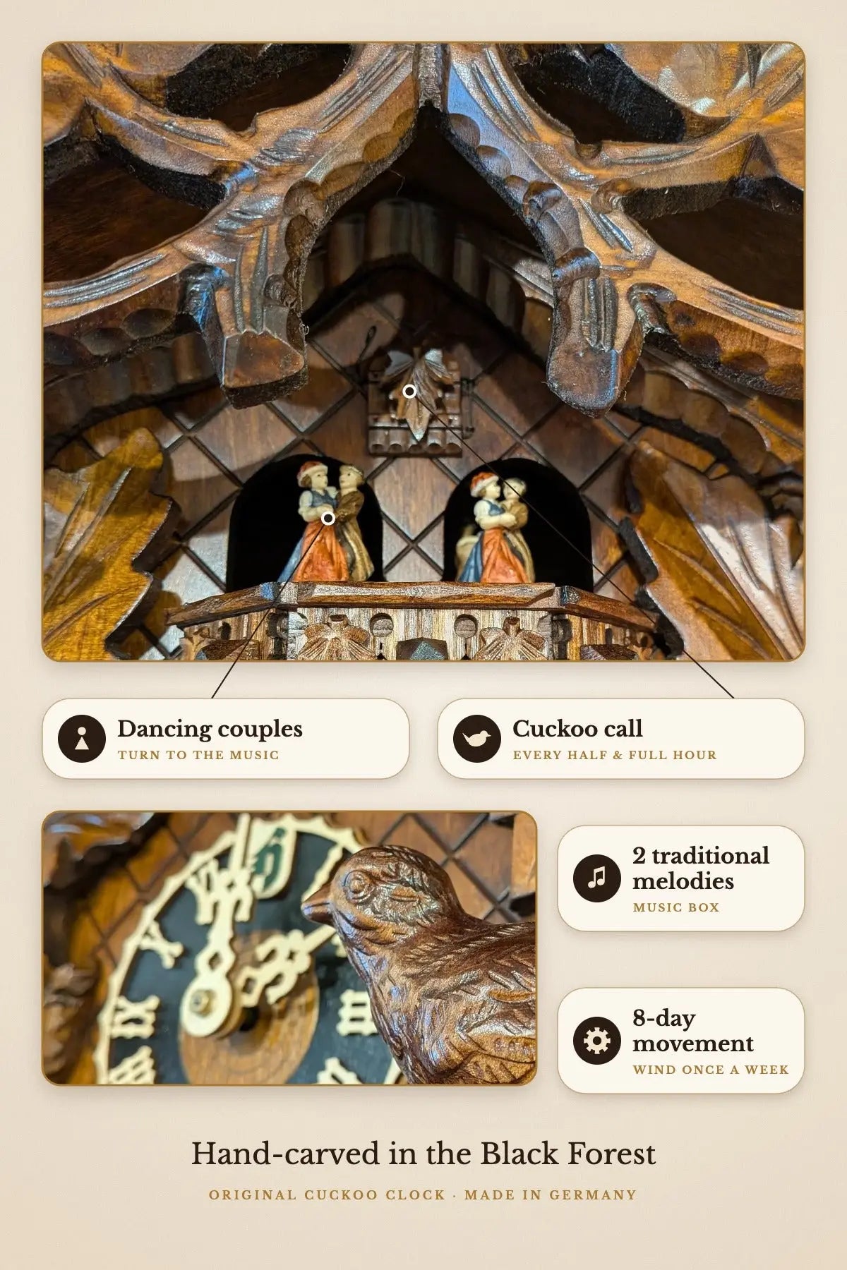 Dancing couples and cuckoo door – 2 melodies, 8-day movement | Montag Steins & Clocks