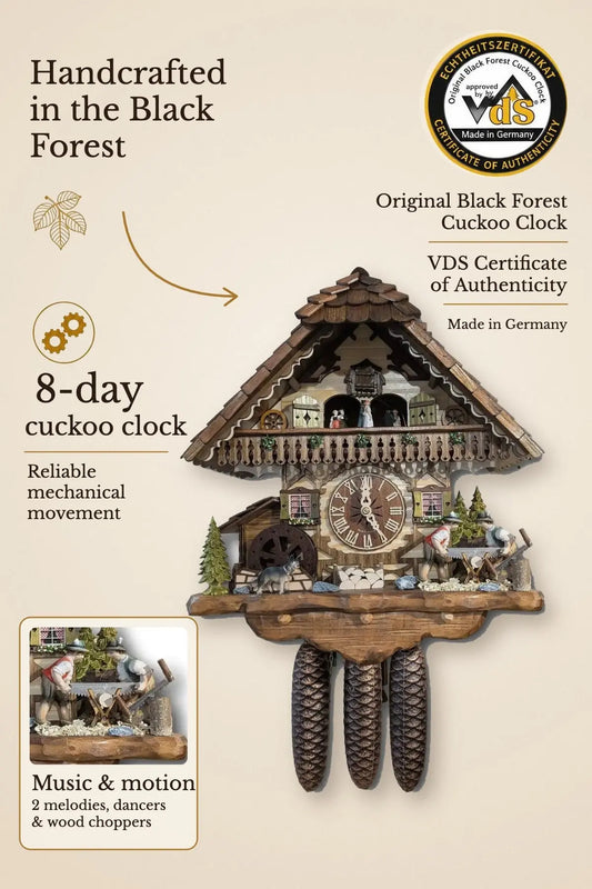 Black Forest Chalet Cuckoo Clock with 8-day movement, music and dancers – handcrafted in Germany, VDS certified | Montag Steins & Clocks