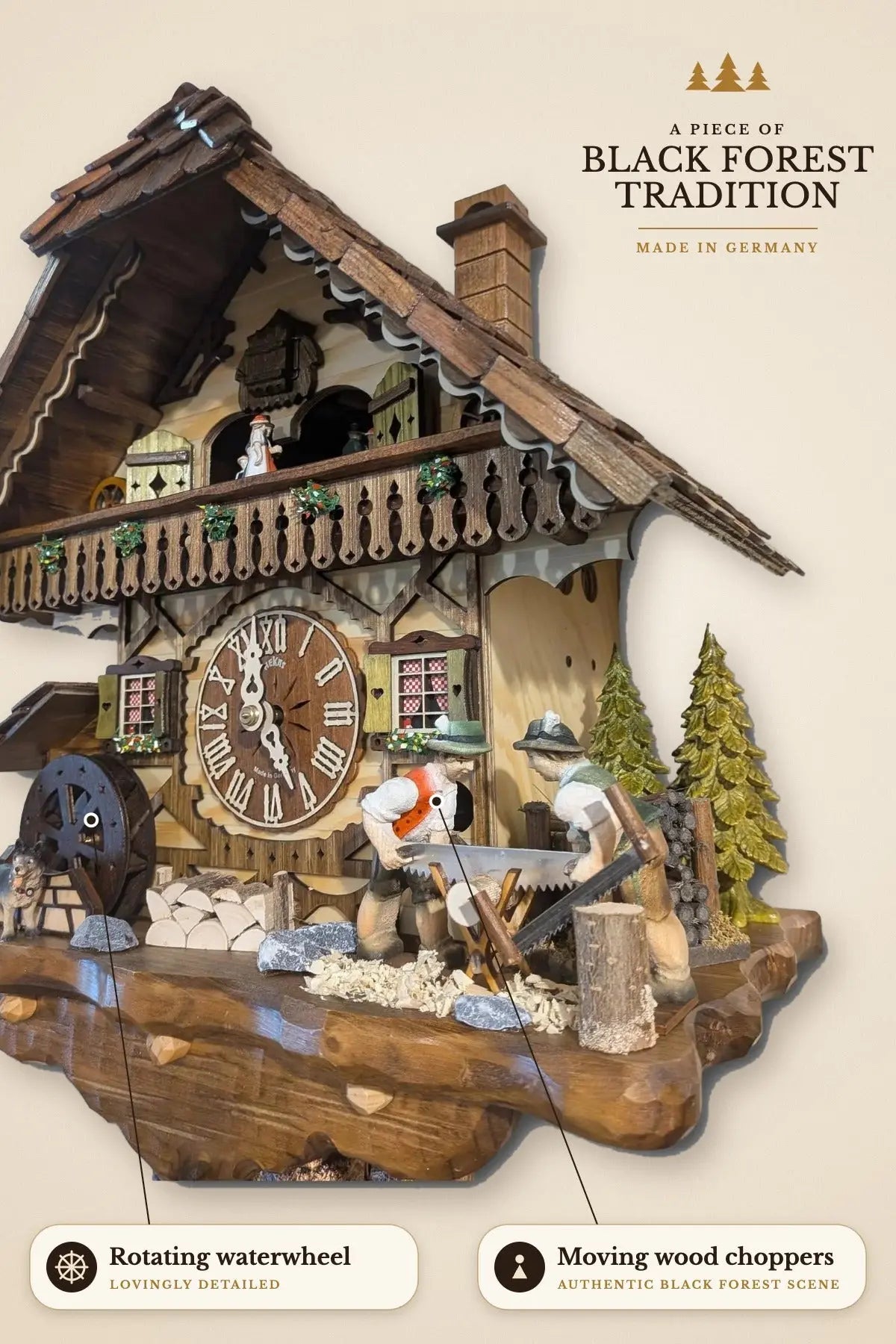 Black Forest chalet cuckoo clock with rotating waterwheel and moving wood chopper figures | Montag Steins & Clocks