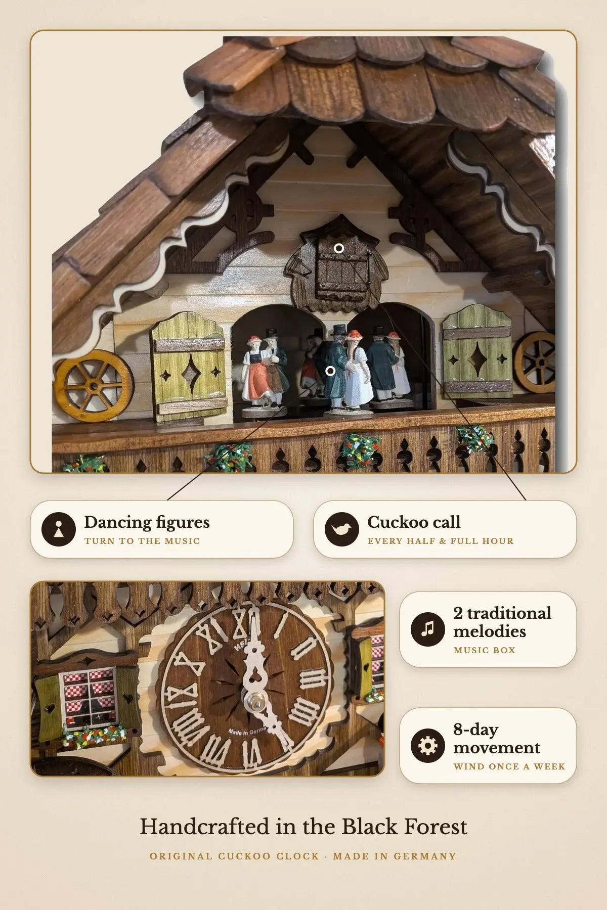 Close-up of dancing figures, cuckoo door and dial – 2 melodies, 8-day movement | Montag Steins & Clocks