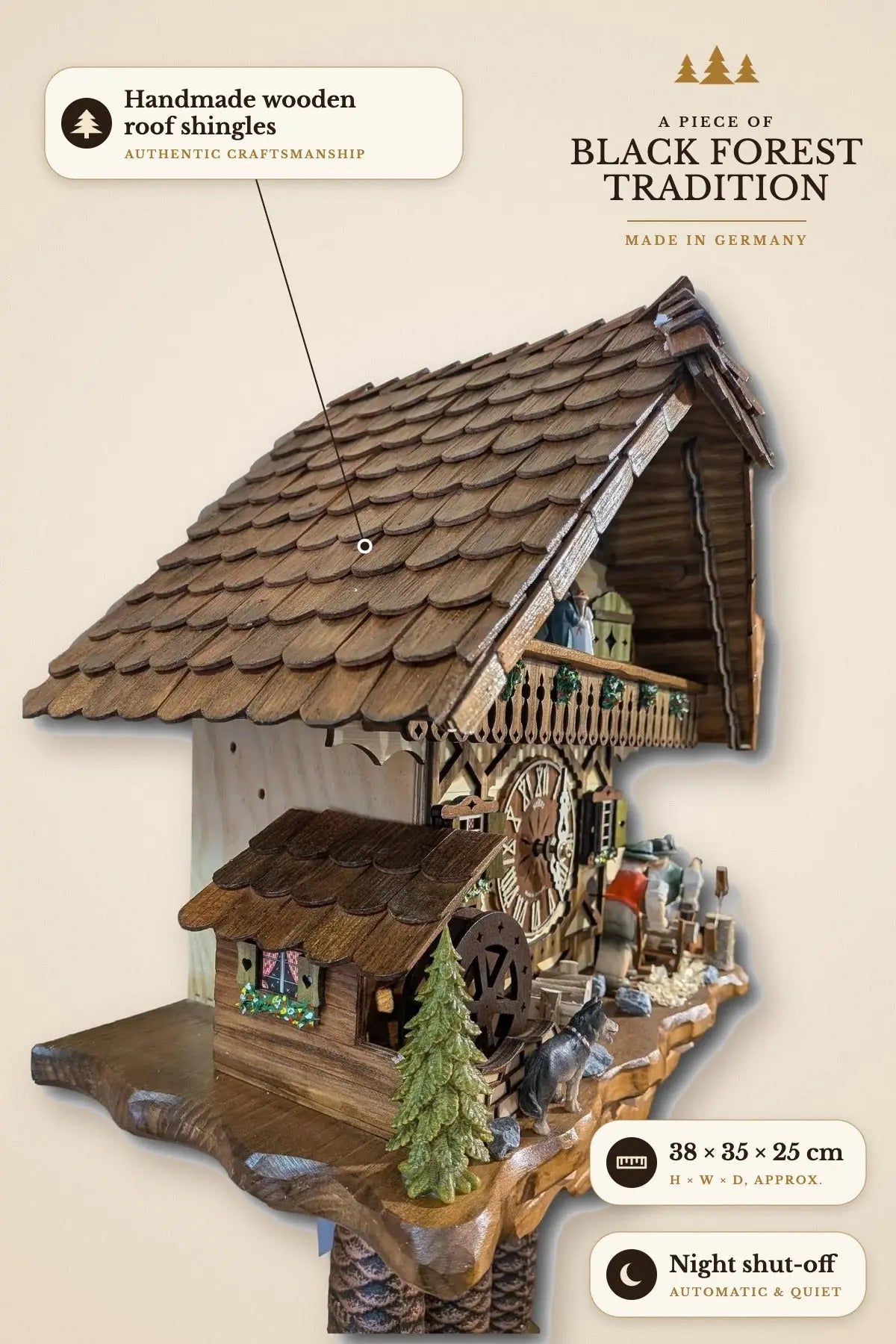 Side view with handmade wooden roof shingles, 38 x 35 x 25 cm, automatic night shut-off | Montag Steins & Clocks
