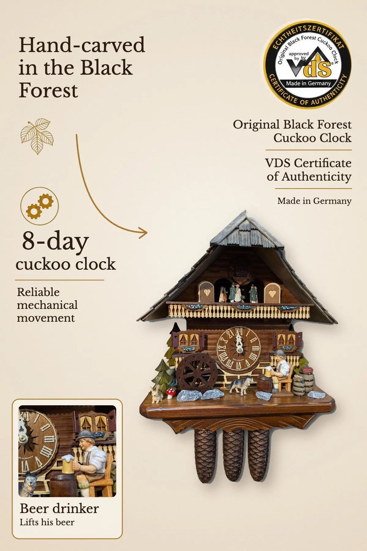 Beer Drinker Black Forest Cuckoo Clock – 8-day musical, VDS certified | Montag Steins & Clocks
