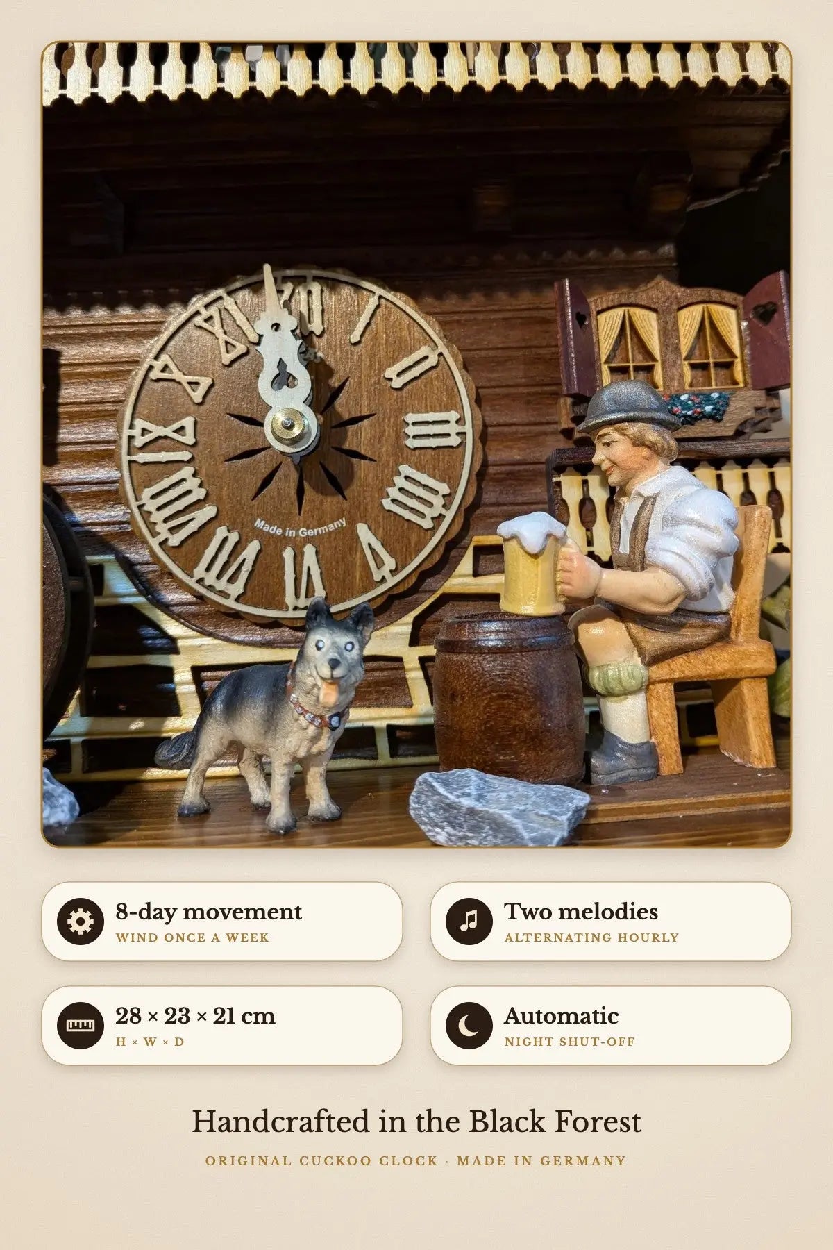 Beer Drinker Cuckoo Clock – two melodies, 28 × 23 × 21 cm, automatic night shut-off | Montag Steins & Clocks