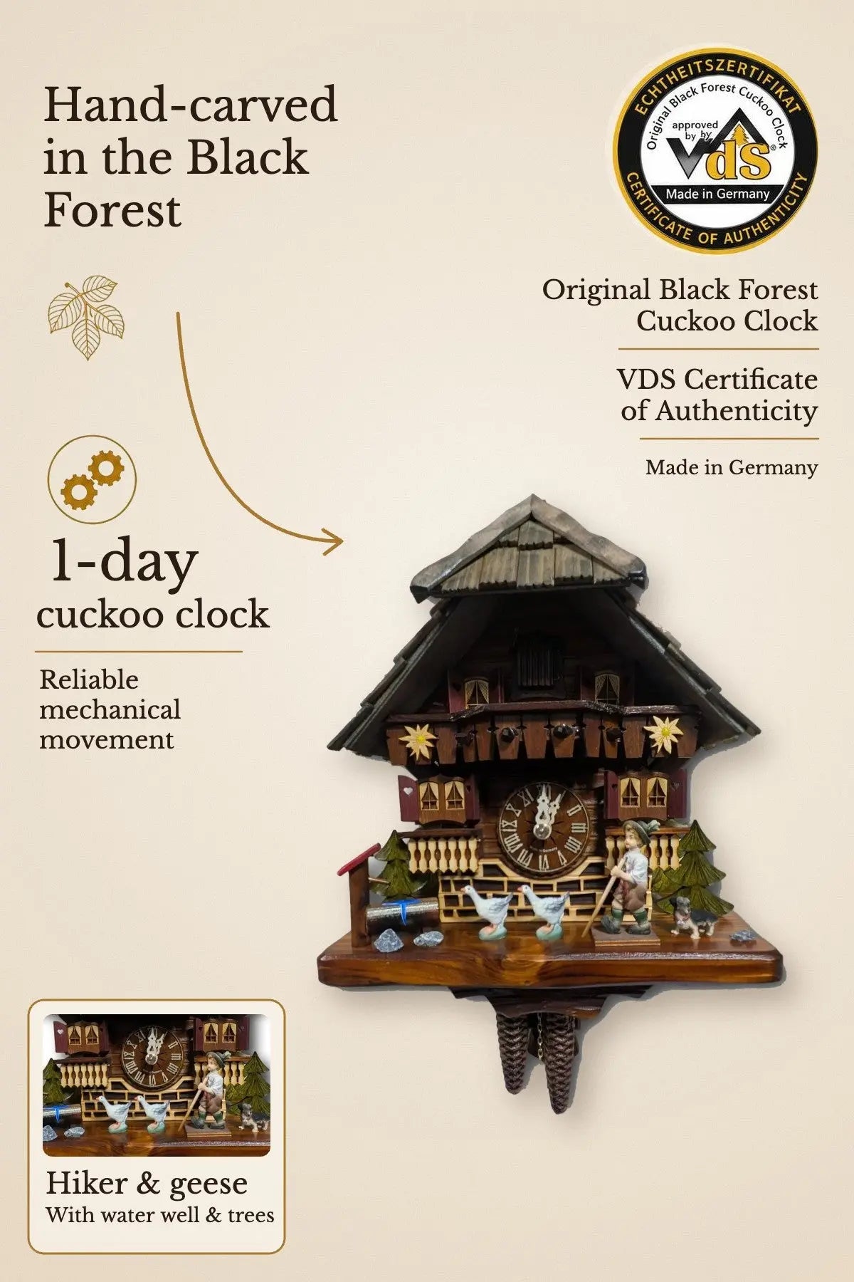 Black Forest Cuckoo Clock Chalet with Hiker and Geese – 1-day, hand-carved, VDS certified | Montag Steins & Clocks