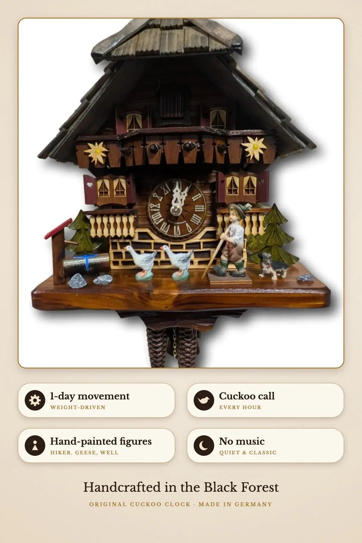 Chalet with Hiker and Geese – 1-day movement, hand-painted figures, no music | Montag Steins & Clocks