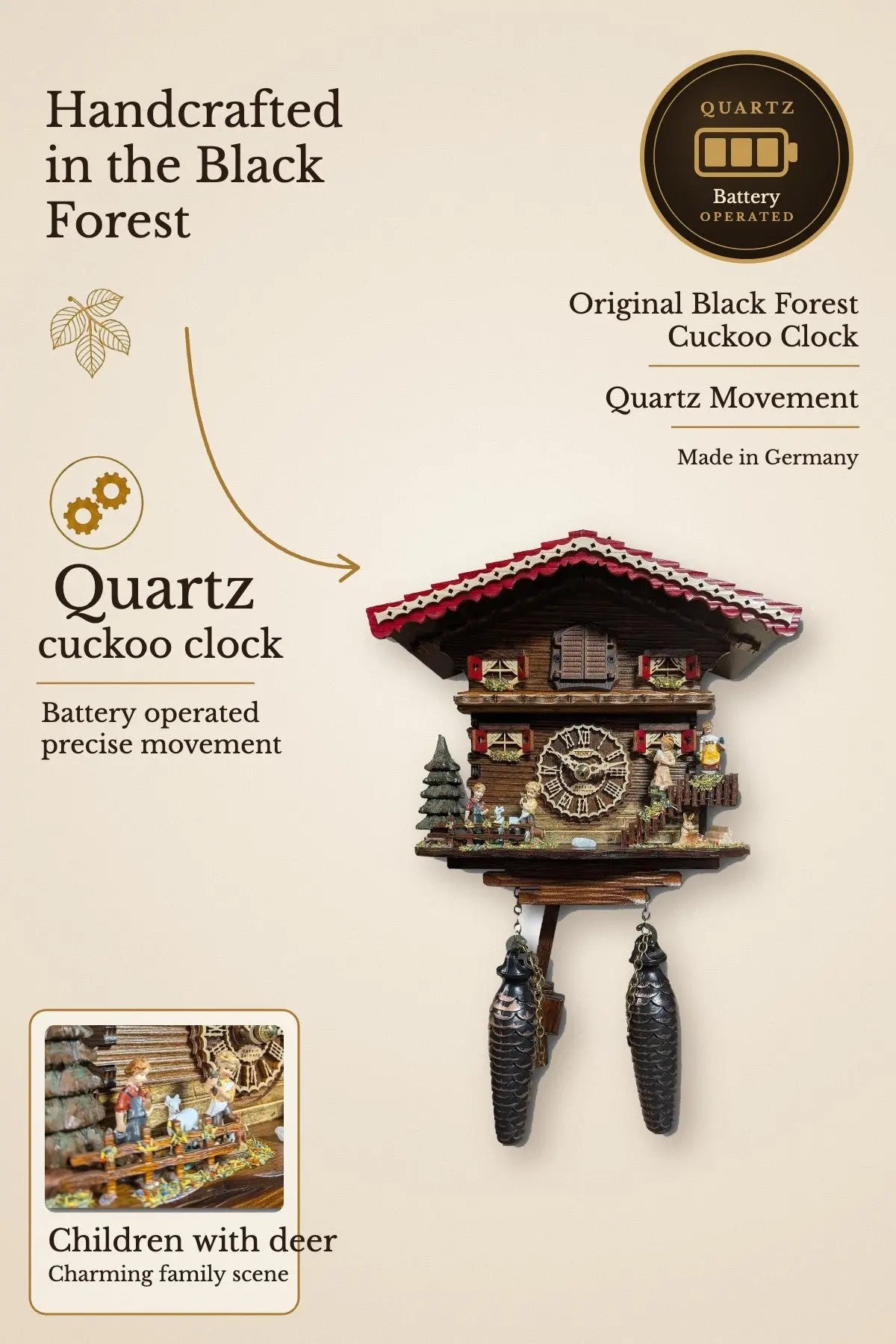 Black Forest quartz cuckoo clock children with deer – Trenkle | Montag Steins & Clocks