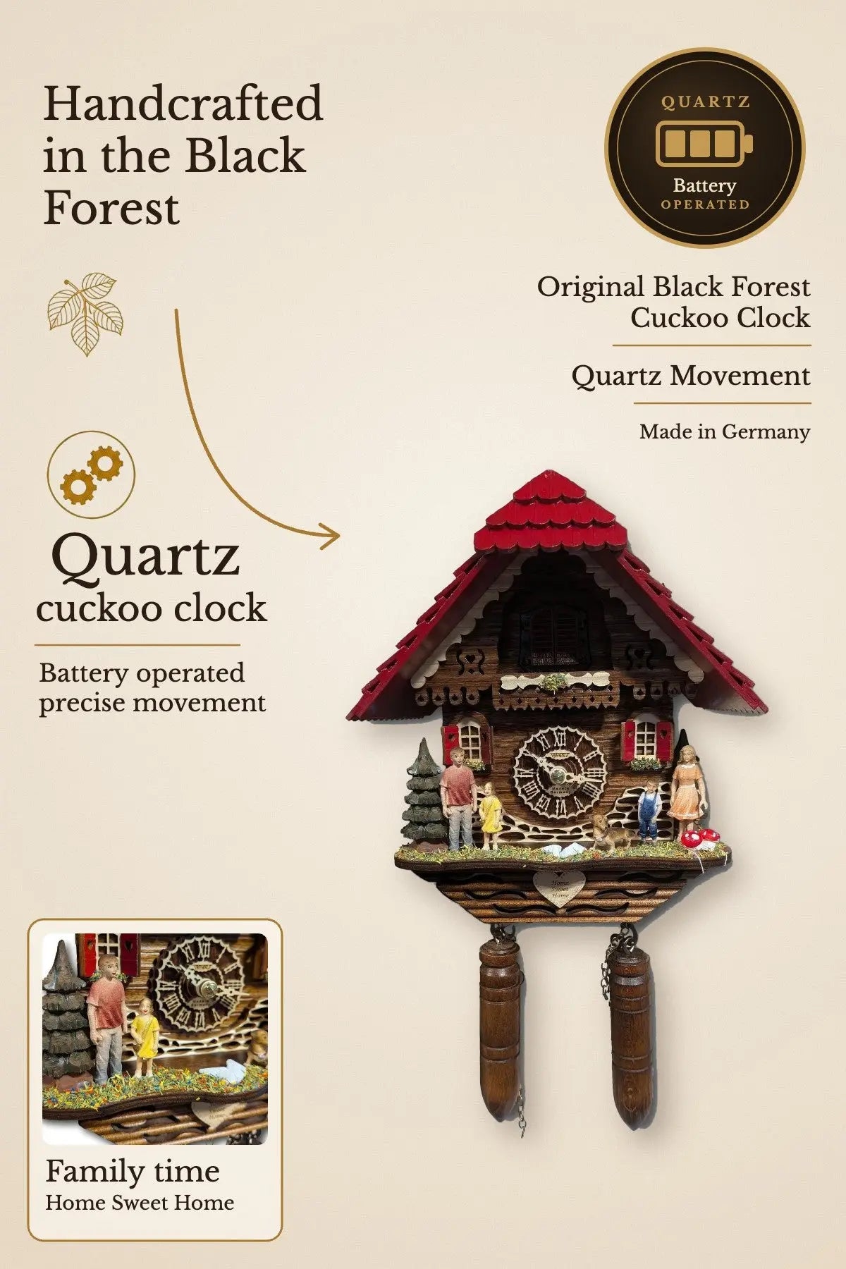 Black Forest quartz cuckoo clock family time scene – Trenkle | Montag Steins & Clocks