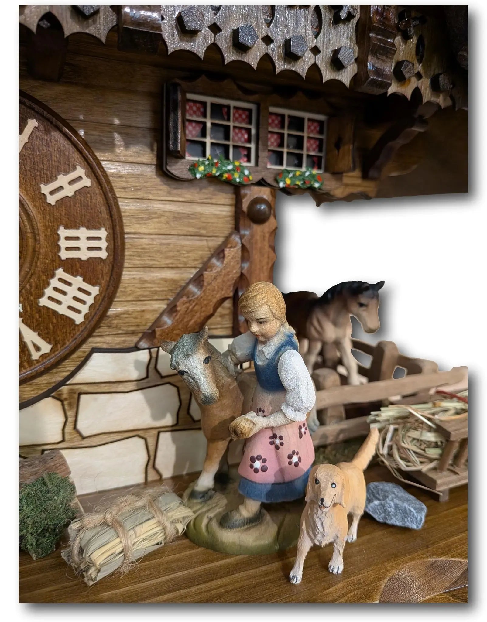 Black Forest Cuckoo Clock – Girl Feeding Horse – 8 Day Movement – Music – Automatic Night Shut-Off – Handmade in Germany – HEKAS – 45 cm Hekas