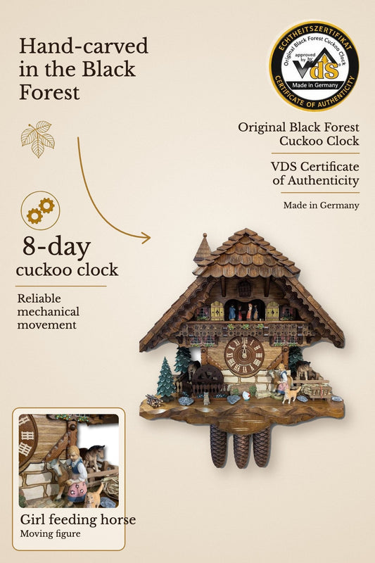Girl Feeding Horse Cuckoo Clock HEKAS – 8-day, music, VDS certified | Montag Steins & Clocks