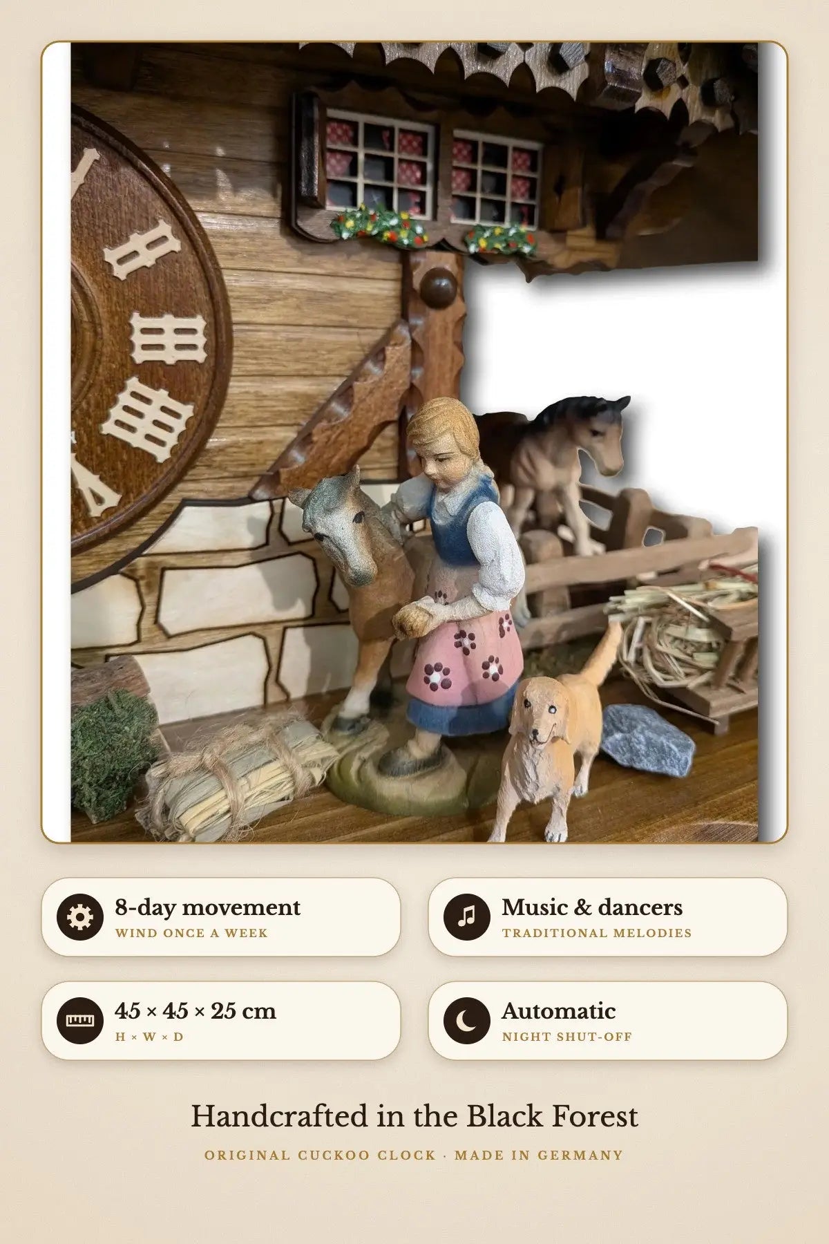 Girl Feeding Horse – moving figure, 8-day, 45 × 45 × 25 cm, automatic night shut-off | Montag Steins & Clocks
