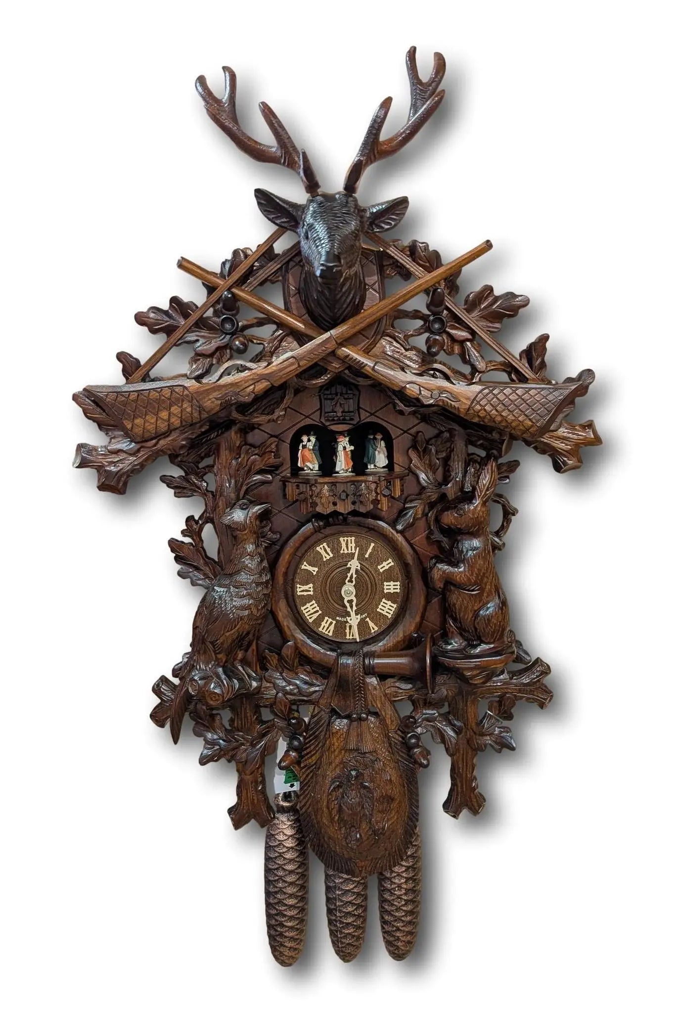 Black Forest Cuckoo Clock – Hunting Style with Deer Head – 8 Day Movement – Automatic Night Shut-Off – Handmade – 60 cm Hekas