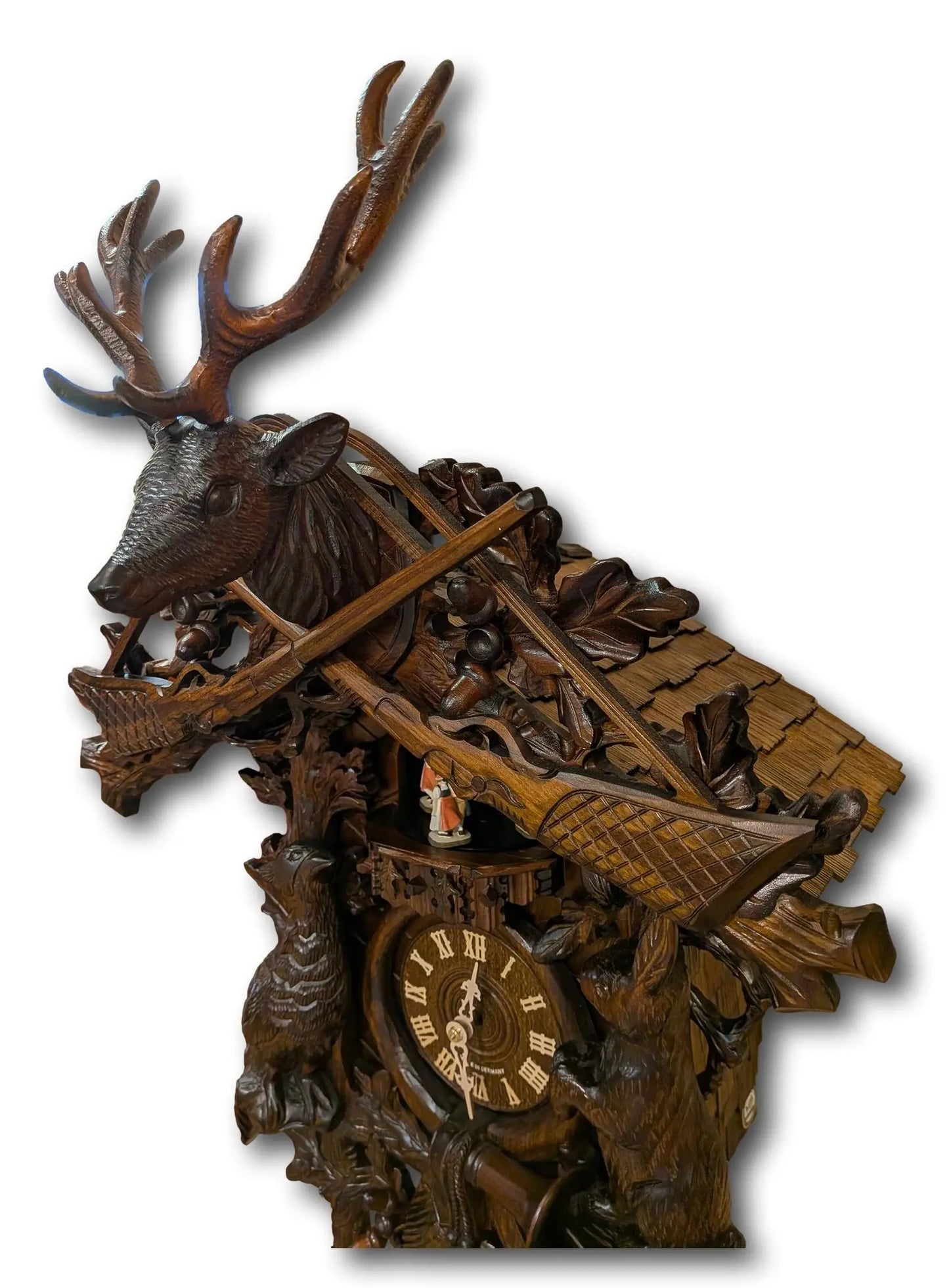 Black Forest Cuckoo Clock – Hunting Style with Deer Head – 8 Day Movement – Automatic Night Shut-Off – Handmade – 60 cm Hekas