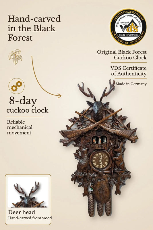 Black Forest Hunting Cuckoo Clock with Deer Head – 8-day, hand-carved, VDS certified | Montag Steins & Clocks