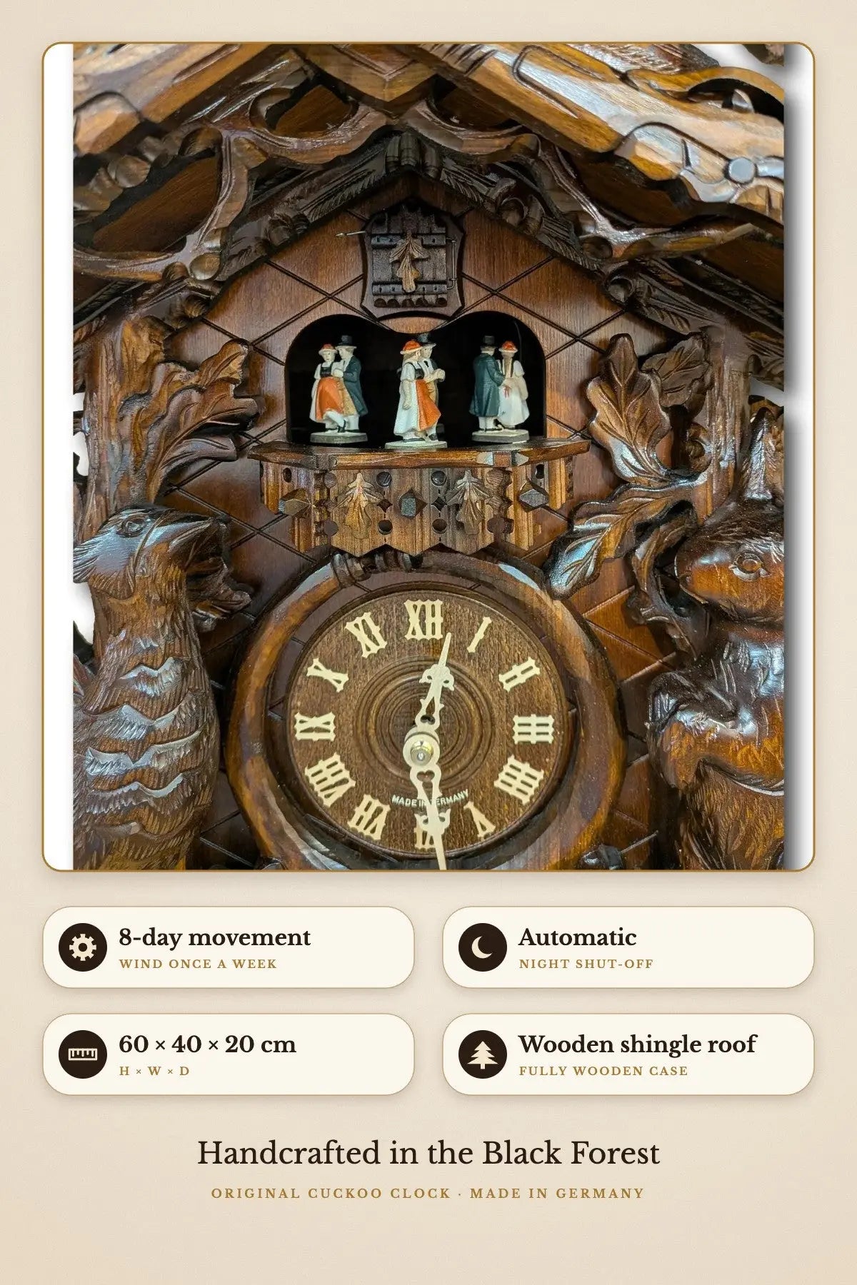 Hunting Cuckoo Clock – 8-day, automatic night shut-off, 60 × 40 × 20 cm | Montag Steins & Clocks