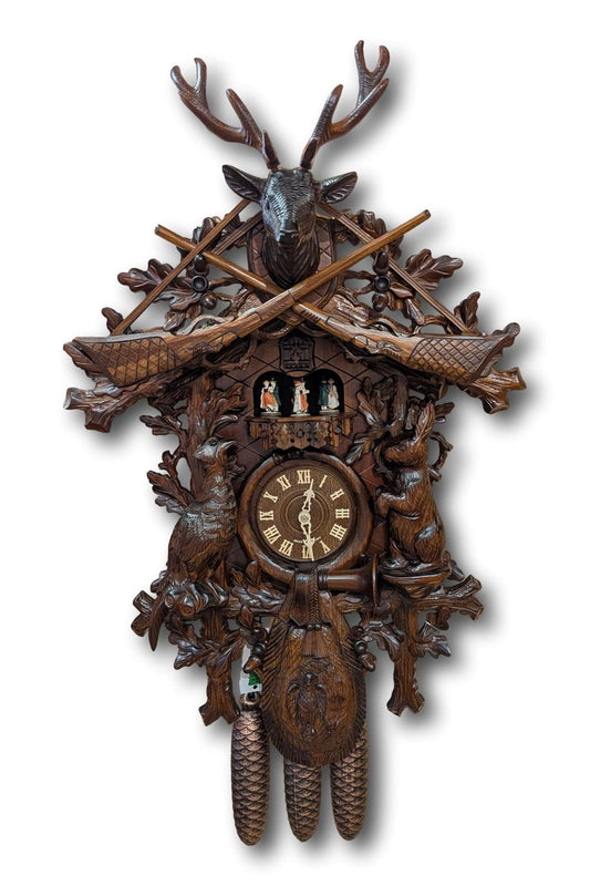 Black Forest Cuckoo Clock – Hunting Style with Deer Head – 8 Day Movement – Automatic Night Shut-Off – Handmade – 60 cm Hoenes