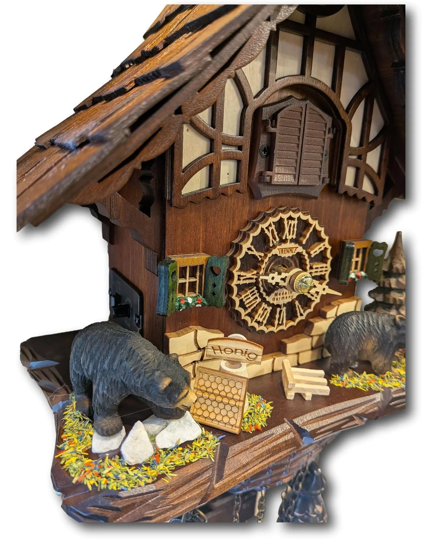 Black Forest Cuckoo Clock with Bears and Honey Scene – Quartz Movement – Light Sensor Night Shut-Off – Trenkle Uhren – Made in Germany Trenkle
