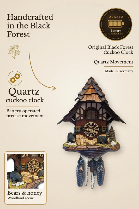 Black Forest quartz cuckoo clock with bears and honey – Trenkle | Montag Steins & Clocks