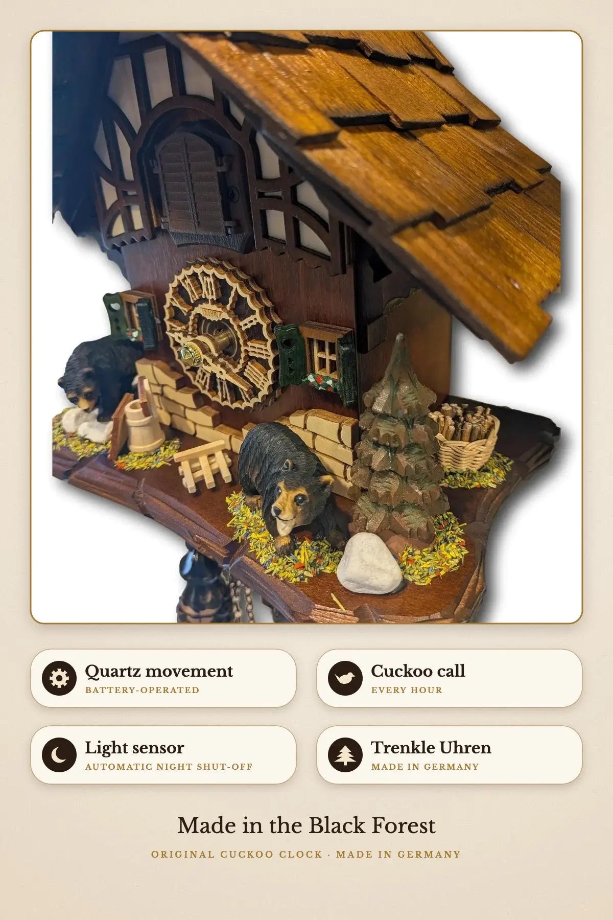 Bears and honey – quartz, light sensor night shut-off | Montag Steins & Clocks