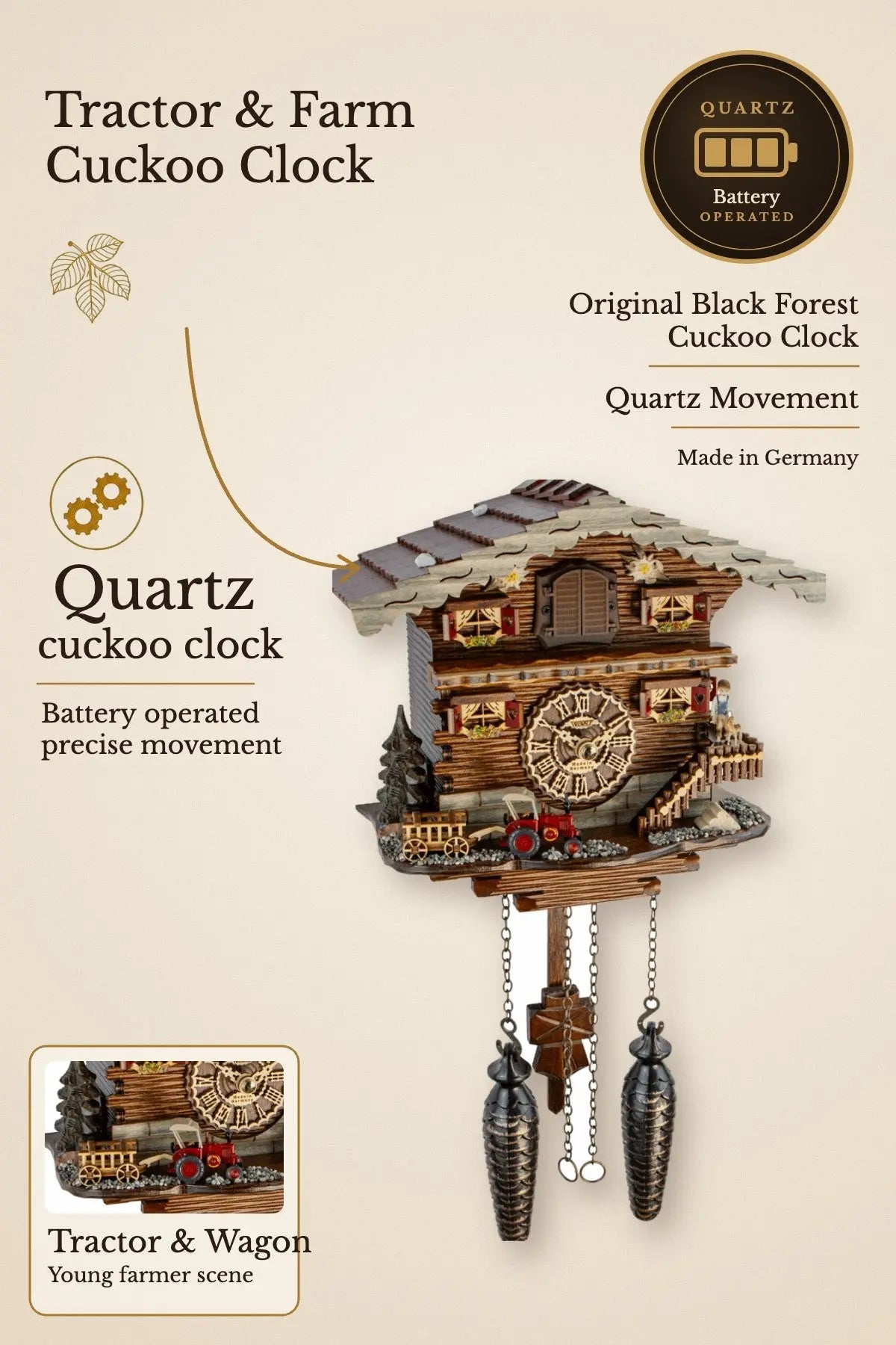 Black Forest quartz cuckoo clock with tractor and farm scene | Montag Steins & Clocks