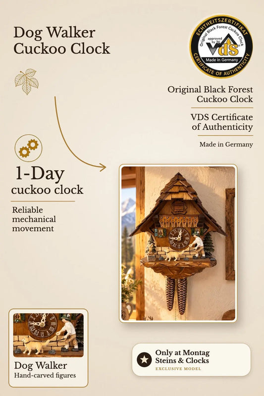 Black Forest Dog Walker Cuckoo Clock – exclusive at Montag Steins & Clocks, 1-day, VDS | Montag Steins & Clocks