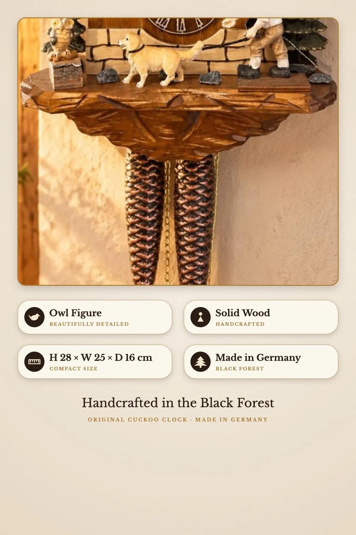 Black Forest Dog Walker Cuckoo Clock – owl figure and weights | Montag Steins & Clocks
