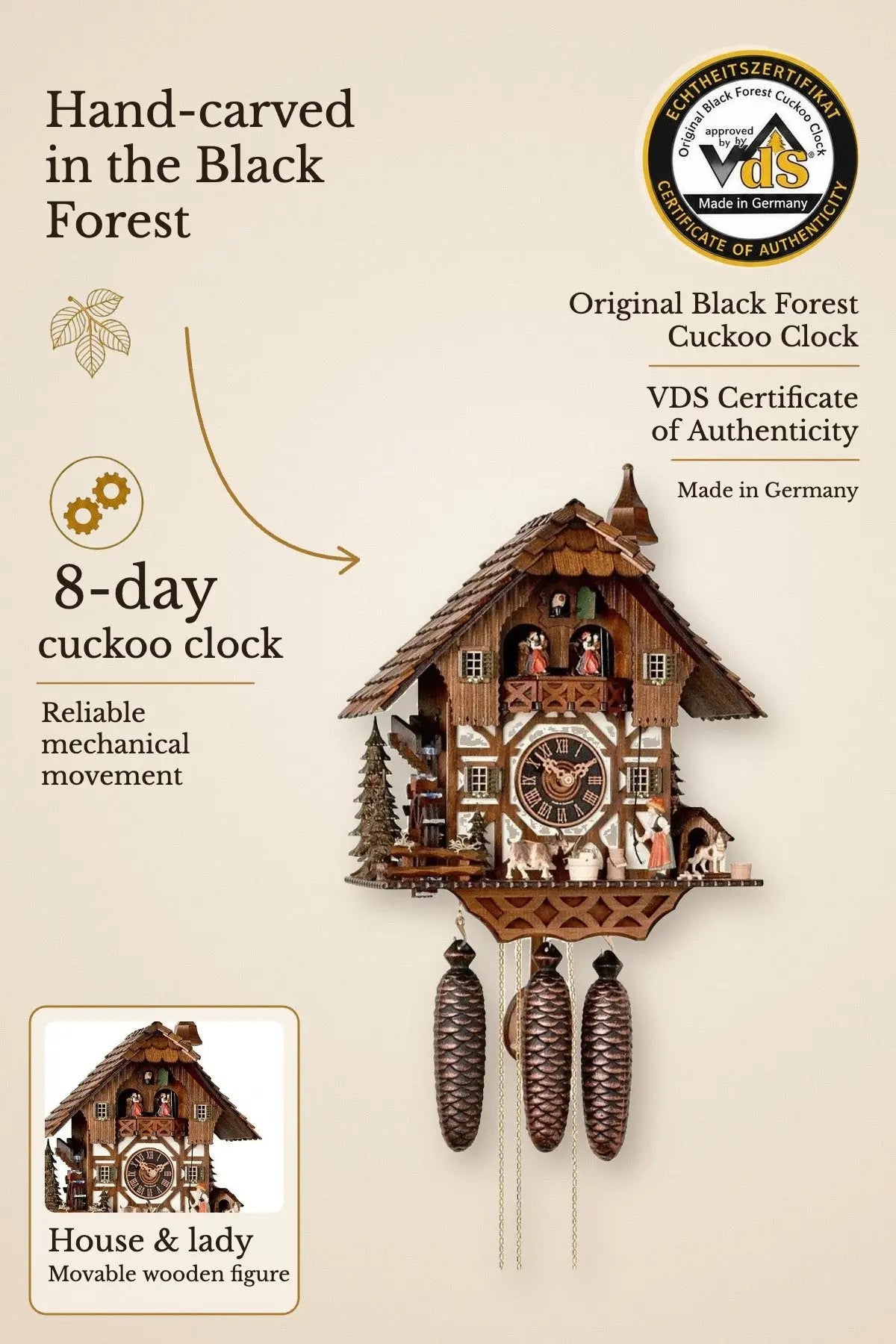 Black Forest House and Lady 8 day cuckoo clock with music – hand-carved, VDS certified | Montag Steins & Clocks