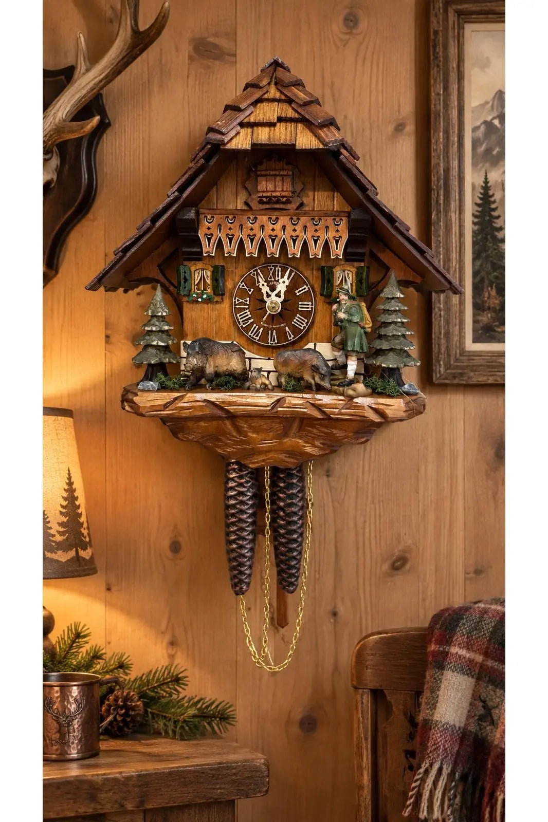Black Forest Hunter with Wild Boars Cuckoo Clock Montag Steins & Clocks
