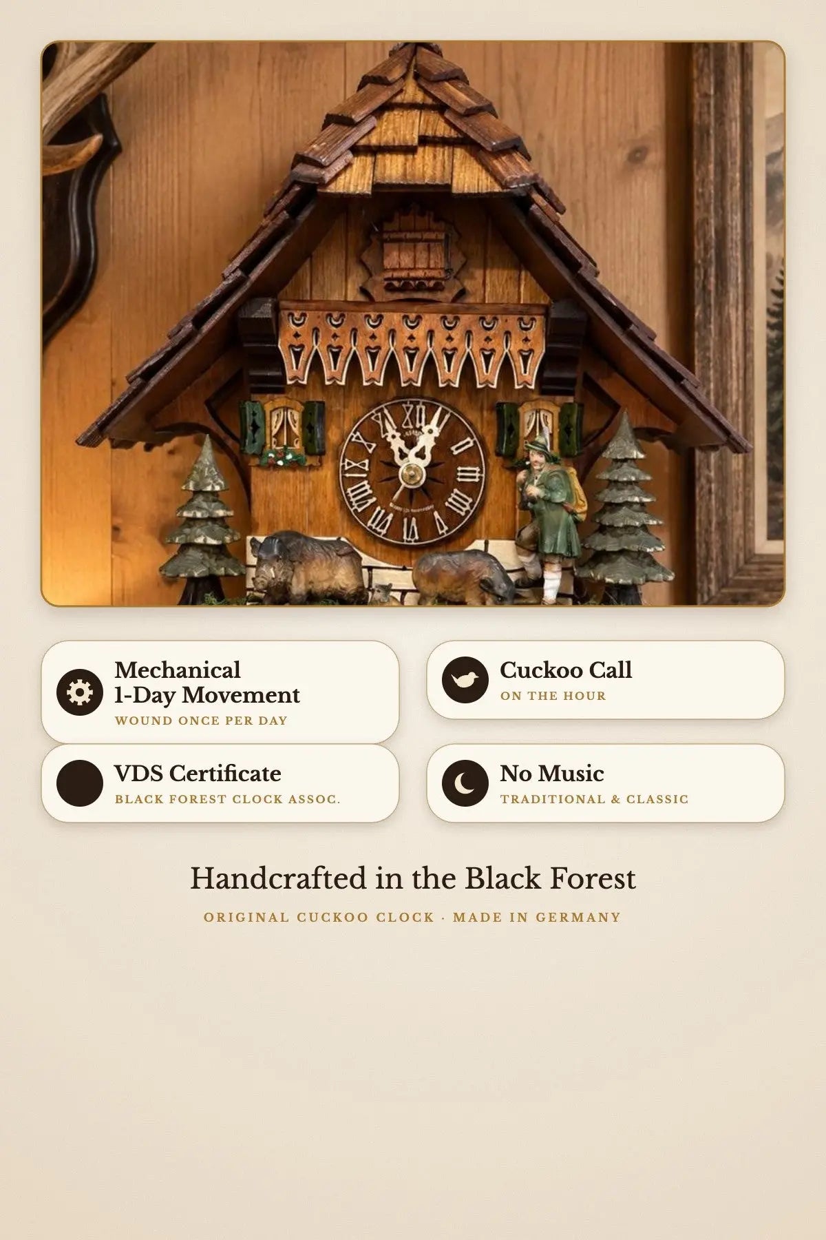 Black Forest Hunter with Wild Boars Cuckoo Clock – details | Montag Steins & Clocks