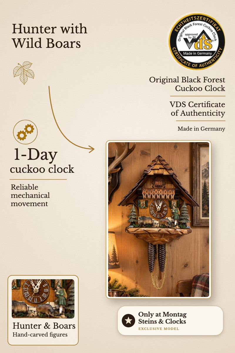 Black Forest Hunter with Wild Boars Cuckoo Clock