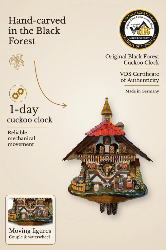 Black Forest Kissing Couple Cuckoo Clock – 1-day, with music, VDS certified | Montag Steins & Clocks
