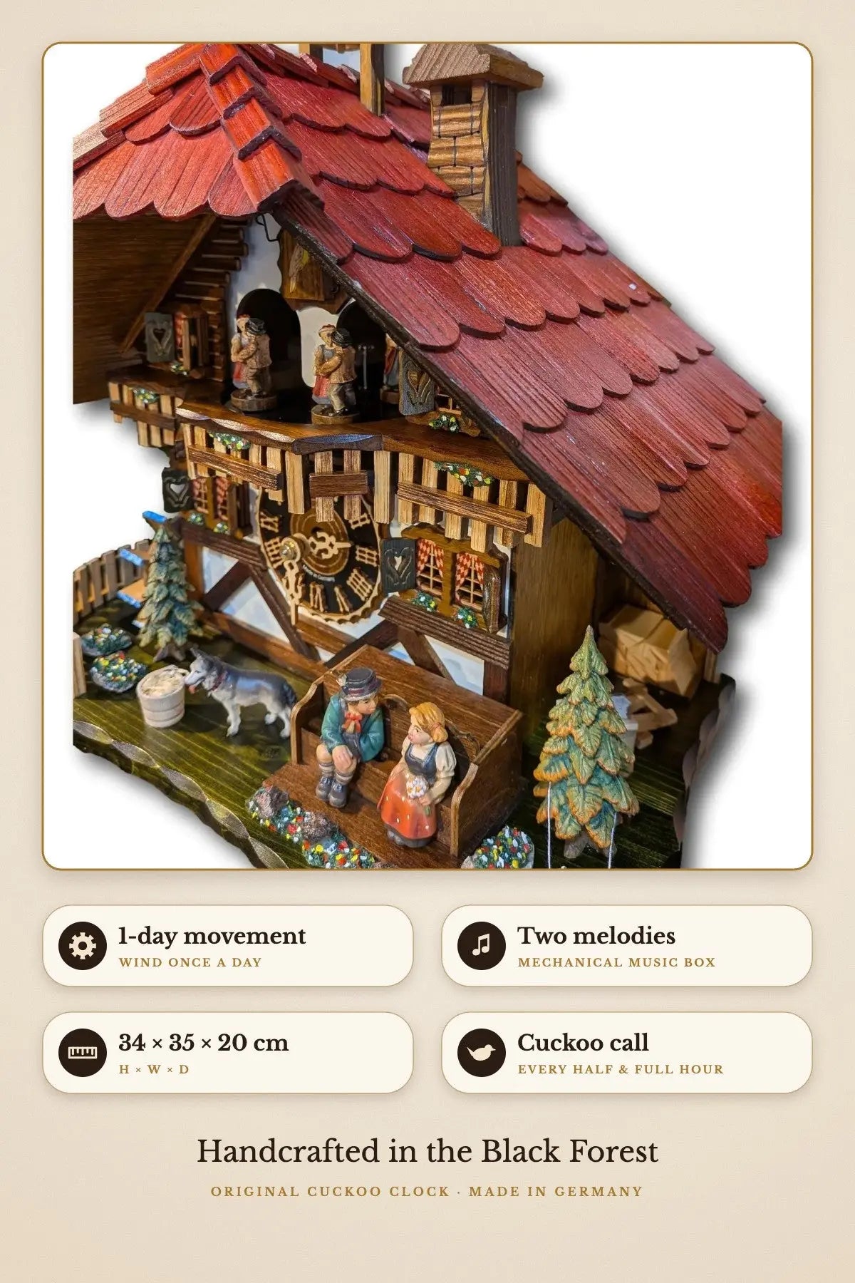 Black Forest Kissing Couple Cuckoo Clock – 1-day movement, two melodies, 34 × 35 × 20 cm | Montag Steins & Clocks