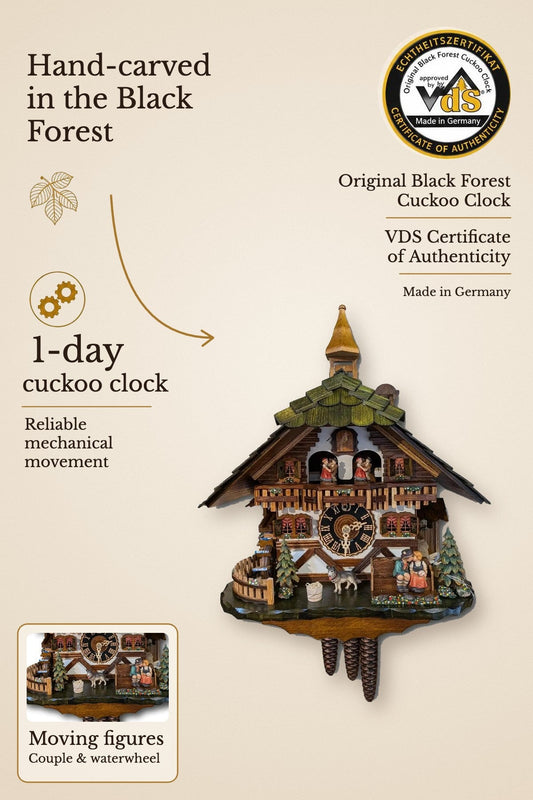 Black Forest Kissing Couple Cuckoo Clock green roof – 1-day, with music, VDS certified | Montag Steins & Clocks