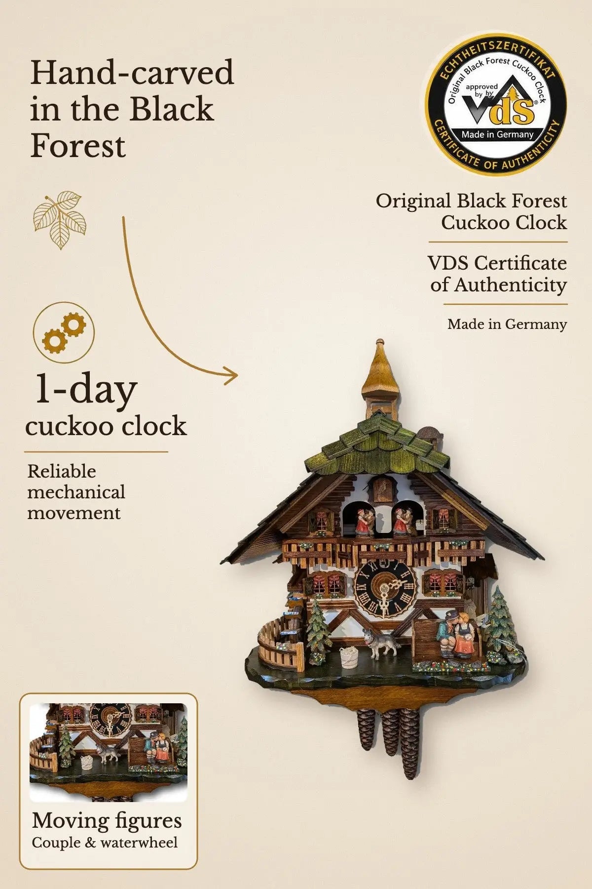 Black Forest Kissing Couple Cuckoo Clock green roof – 1-day, with music, VDS certified | Montag Steins & Clocks