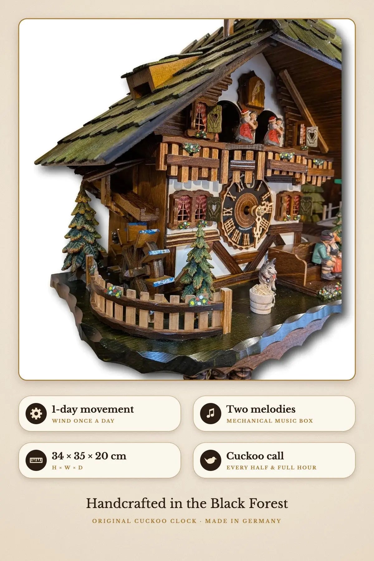 Black Forest Kissing Couple Cuckoo Clock green roof – 1-day movement, two melodies, 34 × 35 × 20 cm | Montag Steins & Clocks