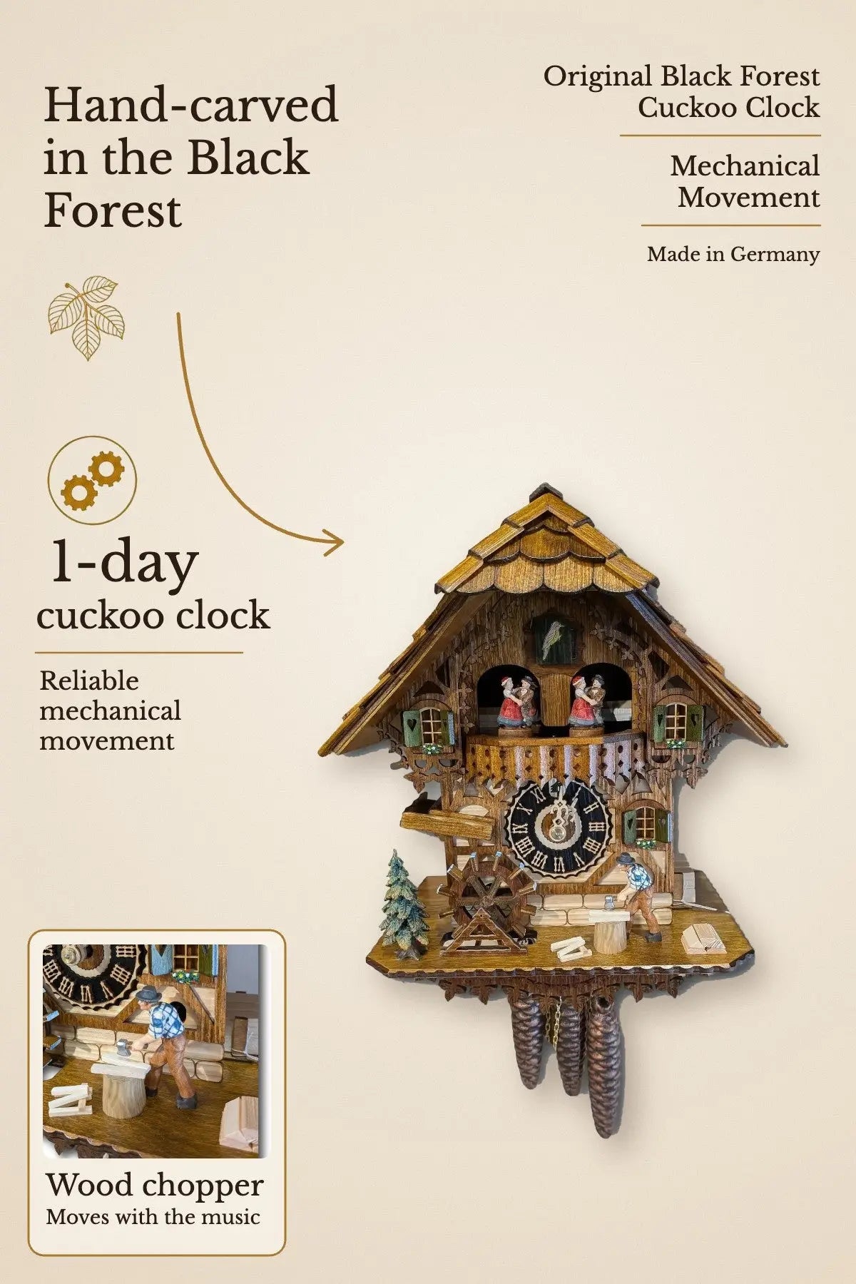 Black Forest Wood Chopper Cuckoo Clock – 1-day, hand-carved | Montag Steins & Clocks