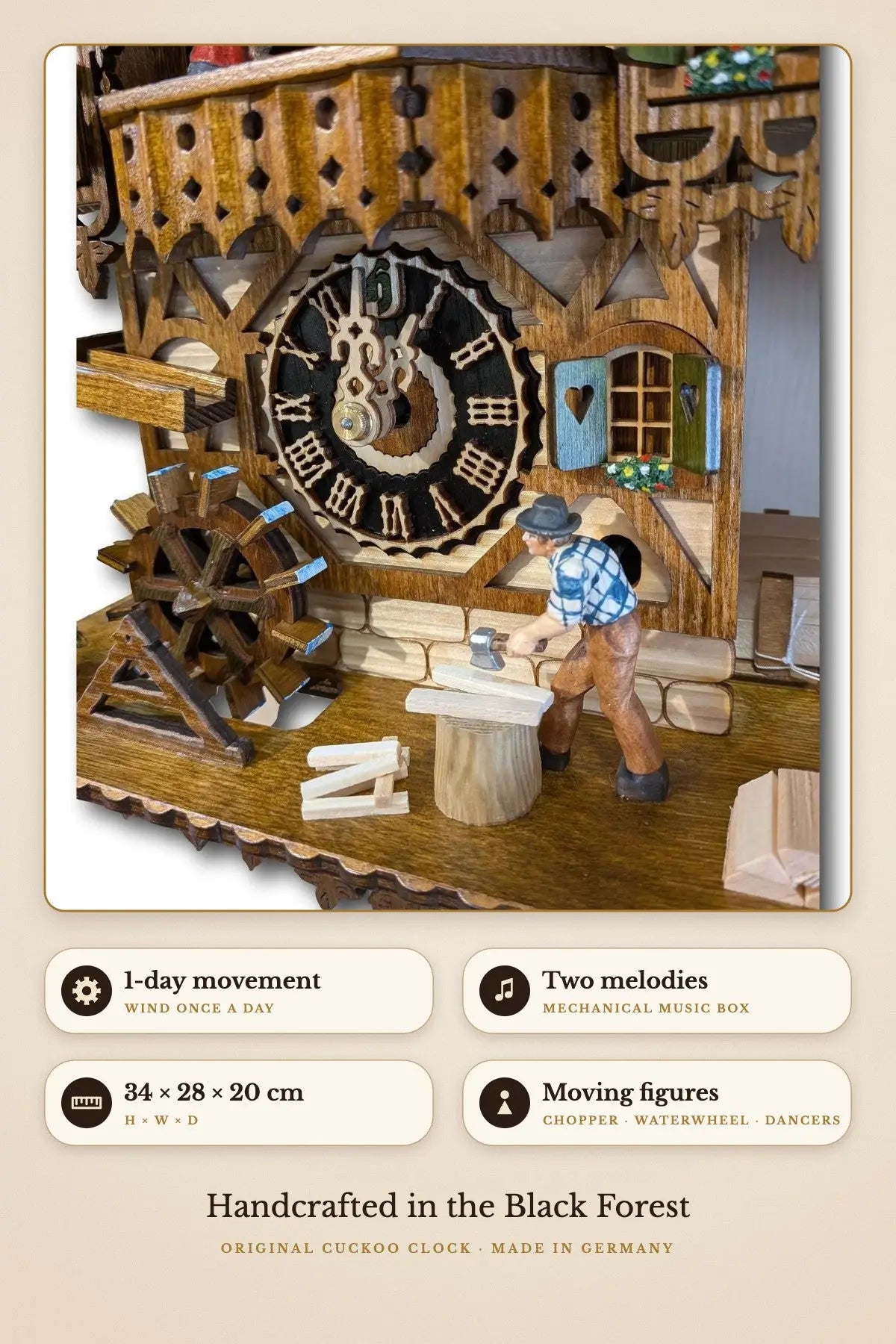 Wood Chopper – 1-day, two melodies, 34 × 28 × 20 cm | Montag Steins & Clocks
