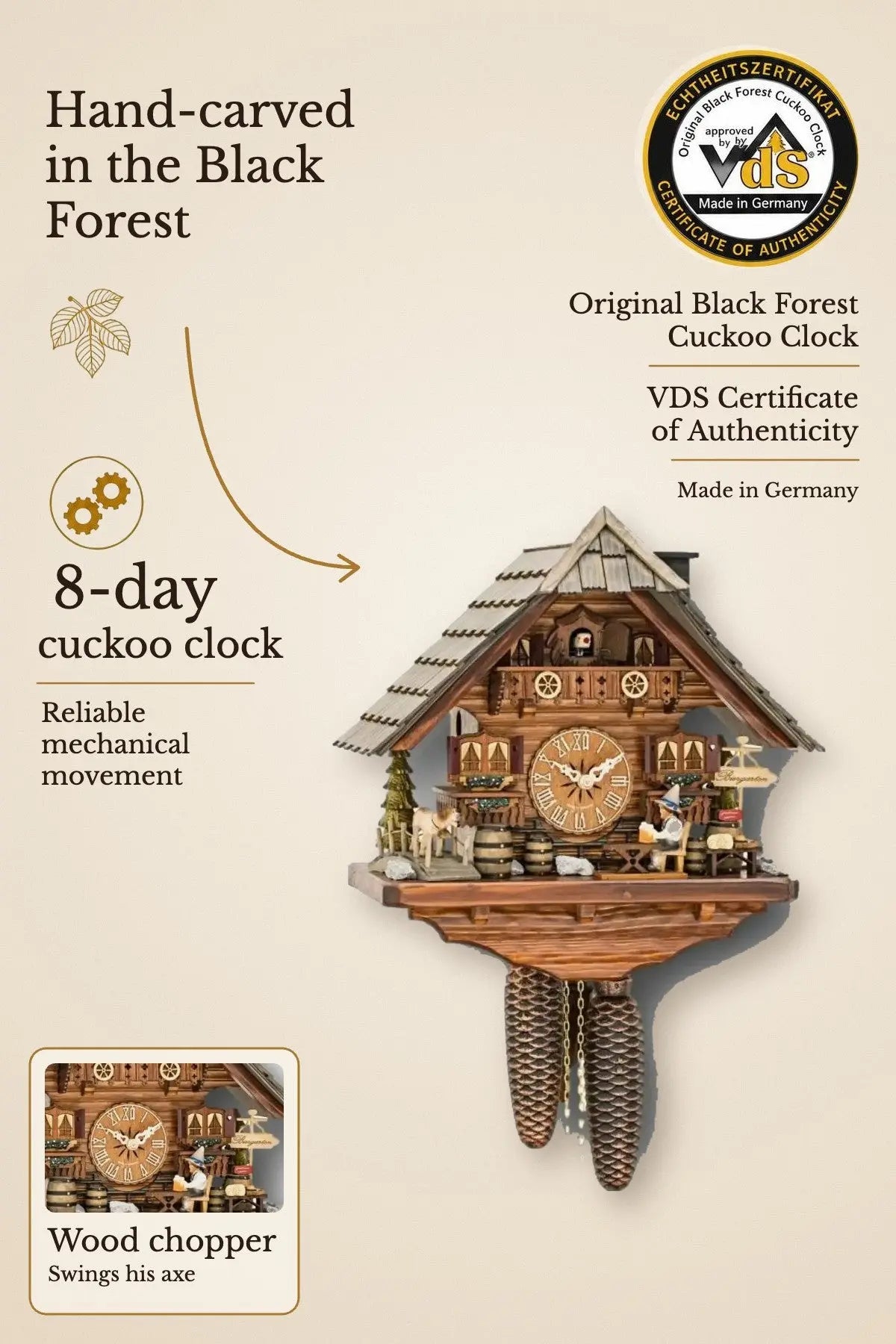 Black Forest Wood Chopper Cuckoo Clock – 8-day, hand-carved, VDS certified | Montag Steins & Clocks