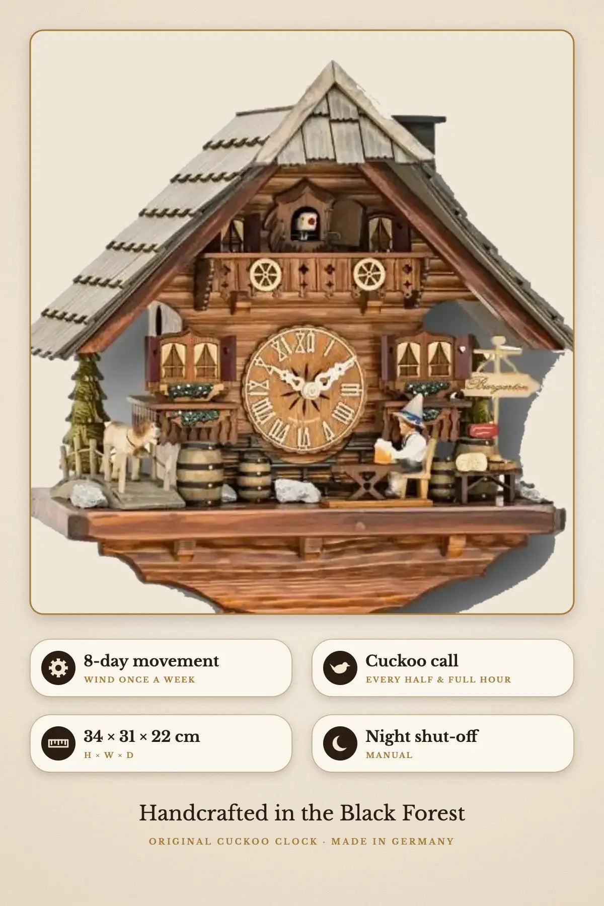 Black Forest Wood Chopper Cuckoo Clock – 8-day movement details | Montag Steins & Clocks
