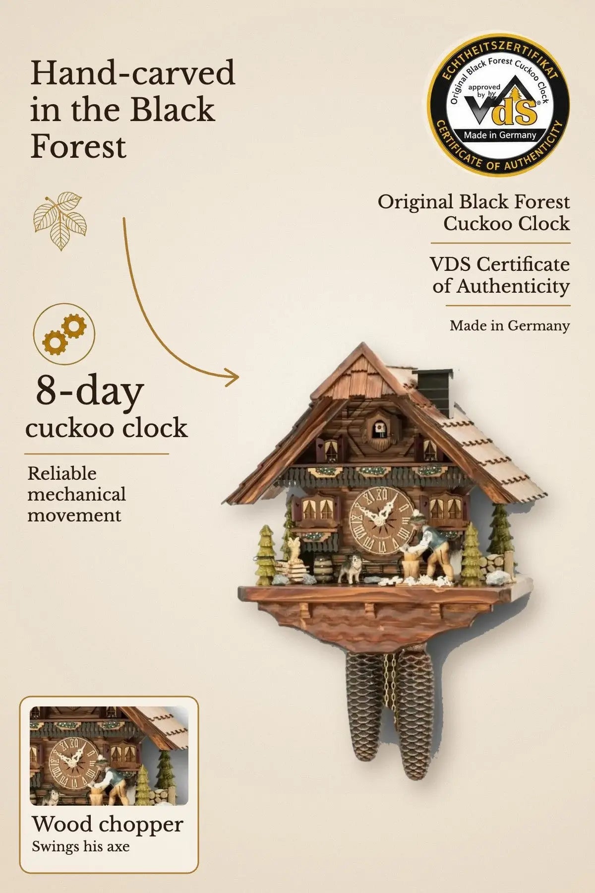 Black Forest Wood Chopper Cuckoo Clock – 8-day, hand-carved, VDS certified | Montag Steins & Clocks