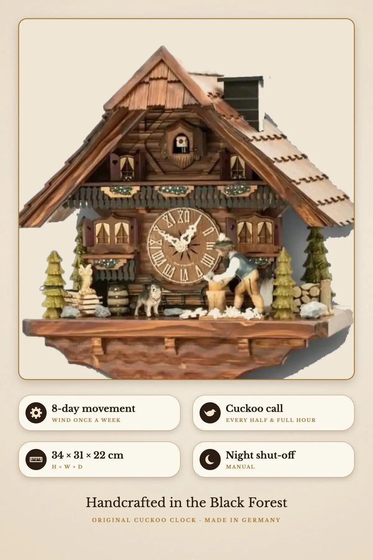 Black Forest Wood Chopper Cuckoo Clock – 8-day movement, 34 × 31 × 22 cm | Montag Steins & Clocks